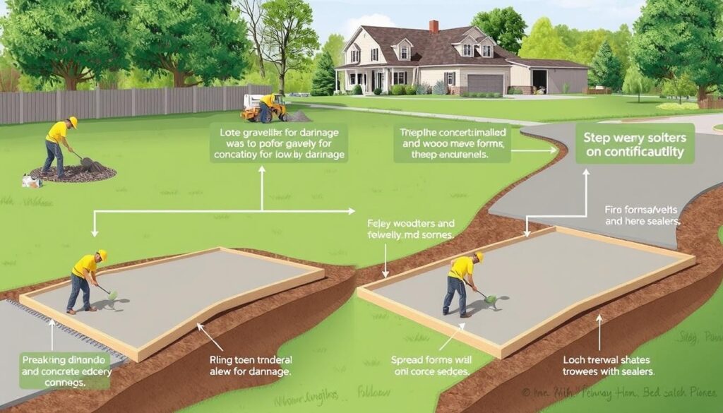 A step-by-step illustration of a concrete driveway installation process, featuring a workers' team preparing the ground with excavation tools, laying down gravel for drainage, spreading and leveling concrete mix, using wooden forms to shape the edges, finishing with trowels and sealers, set against a residential backdrop with trees and a house in the distance.