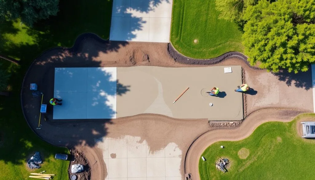 An aerial view of a concrete driveway installation process, featuring workers leveling and pouring fresh concrete, construction tools scattered around, a partially completed driveway surrounded by lush green grass and trees, clear blue sky above.