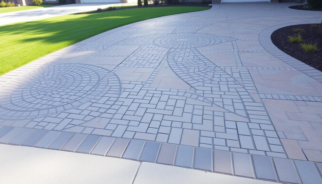 A variety of stamped concrete driveway patterns, showcasing intricate designs like cobblestones, bricks, and slate textures, set in a suburban landscape with lush green grass and decorative borders, under soft sunlight, highlighting the details and shadows of the patterns.