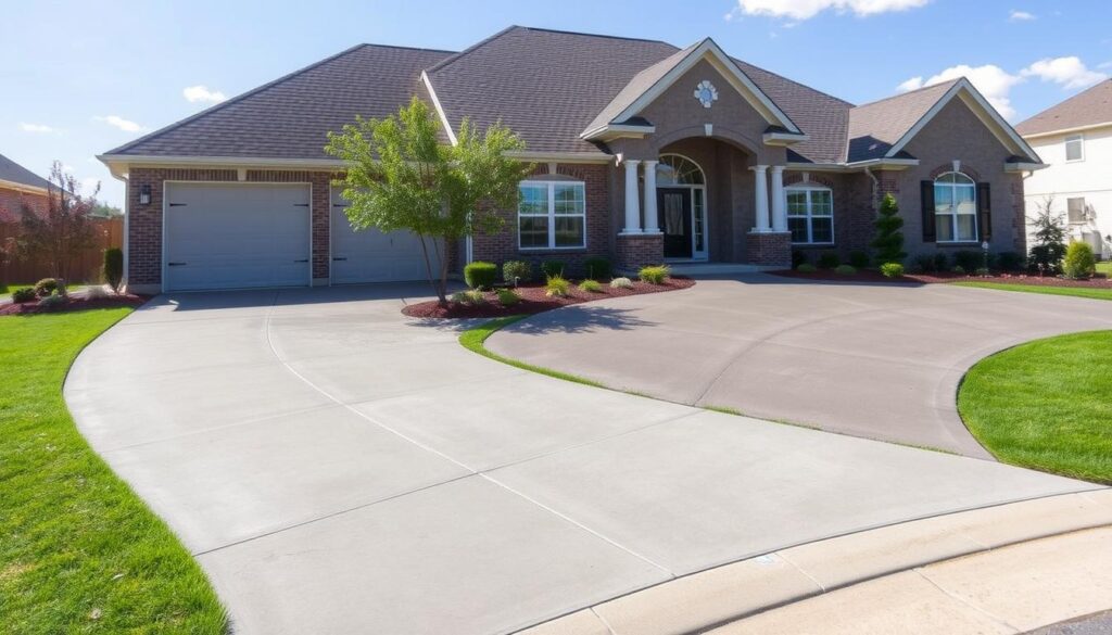 A beautiful suburban home with various styles of concrete driveways, showcasing options like stamped, colored, and standard grey concrete, surrounded by landscaped greenery, sunny skies, and a welcoming entrance.