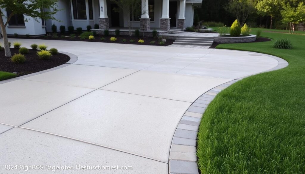 A serene residential setting featuring a beautifully designed concrete driveway, showcasing various patterns and textures, bordered by lush green landscaping, with a modern home in the background. Include decorative elements like stones or bricks integrated into the driveway design, under soft natural lighting, emphasizing the aesthetic appeal and functionality of the driveway.