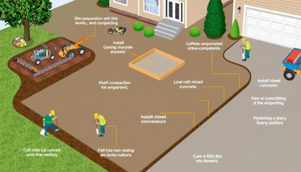 Detailed illustration of the concrete driveway installation process, showcasing the different stages: site preparation with excavation, leveling and compacting the soil, installing forms, pouring mixed concrete, finishing the surface, and curing, all set in a residential setting with tools and equipment visible.