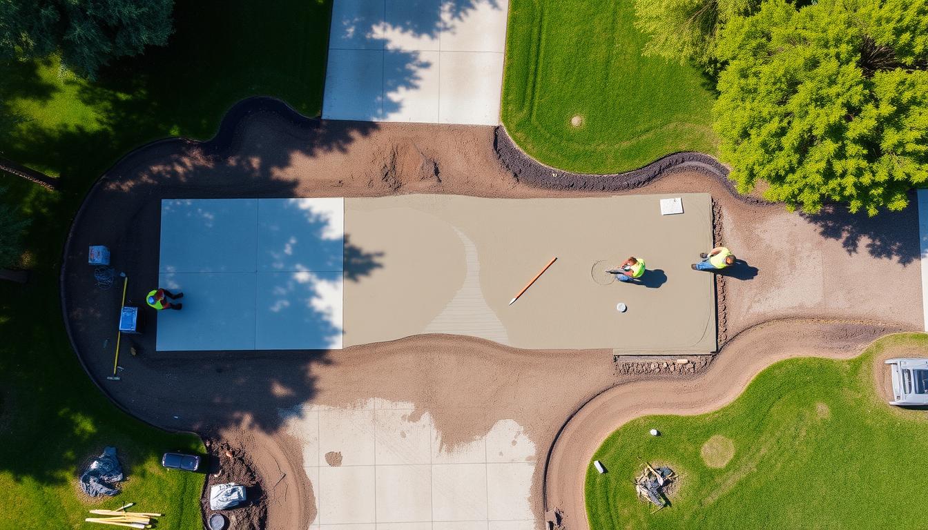 Aerial view of workers smoothing wet concrete on a driveway surrounded by grass and trees, highlighting the pros and cons of a concrete driveway in a natural setting.