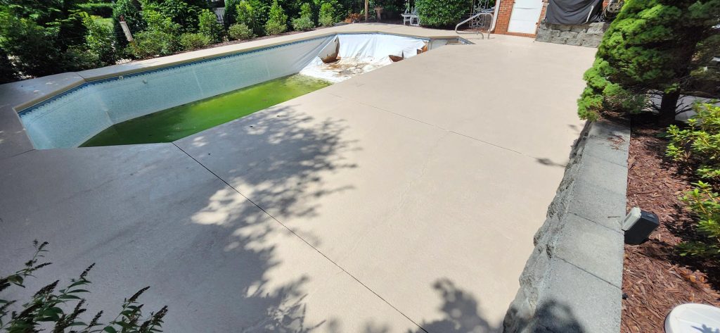 Empty backyard pool with dirty green water at one end, surrounded by concrete and trees.