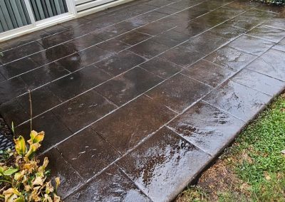 A wet, dark concrete patio next to a house with plants and grass bordering the edge.