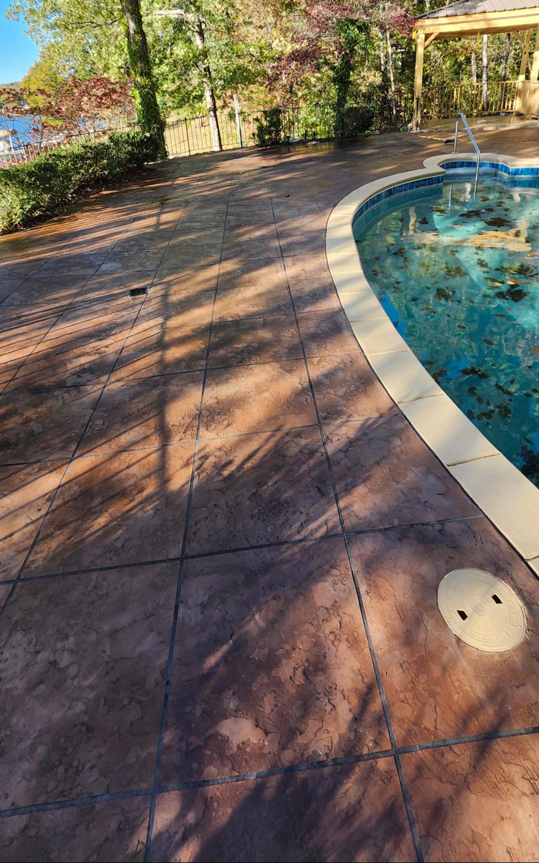Pool-shot-2 Curved pool with leaves in the water, surrounded by wide stone patio and trees in the background.