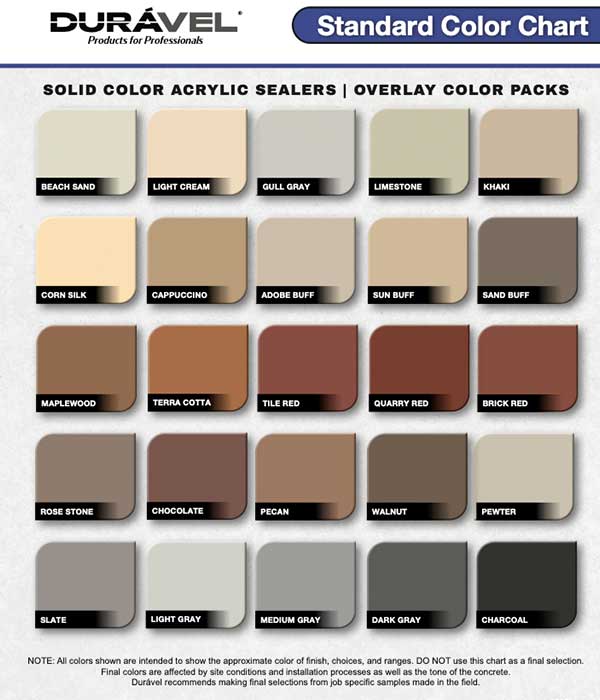 A color chart with 24 solid acrylic sealer samples, each labeled with its color name.