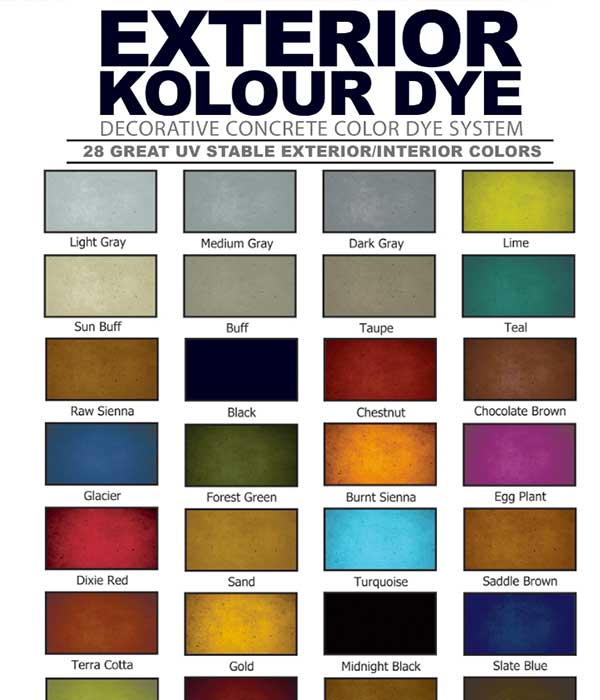 Chart showing 28 rectangular color swatches for exterior kolour dye with names like Taupe, Teal, and Sand.