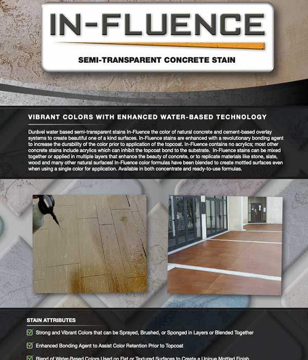 Display of In-Fluence semi-transparent concrete stain with images of stained floors and descriptions of product benefits.